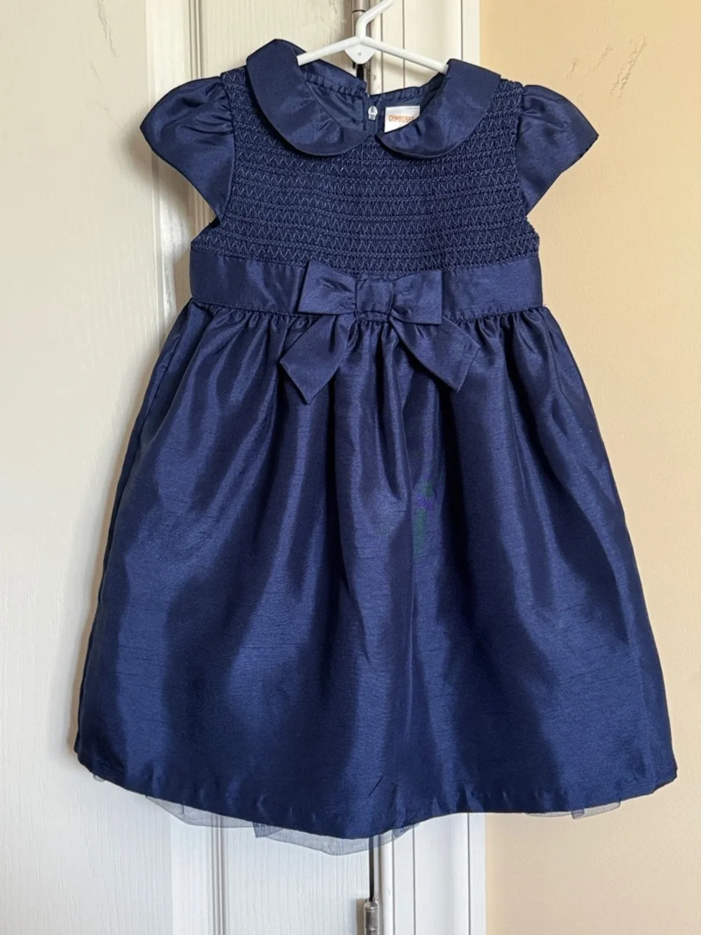 GYMBOREE Toddler Navy Formal Dressy Cap Sleeves Bow Tulle Lined Smocked Dress 2T